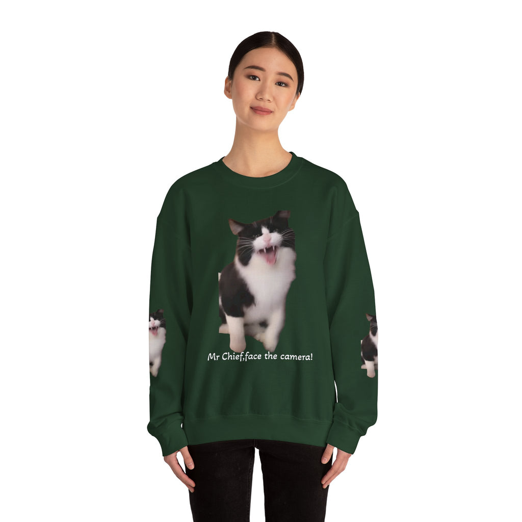 Copy of Crewneck Sweatshirt — 'Mr Chief, face the camera!' Funny Black & White Cat Photo Pullover