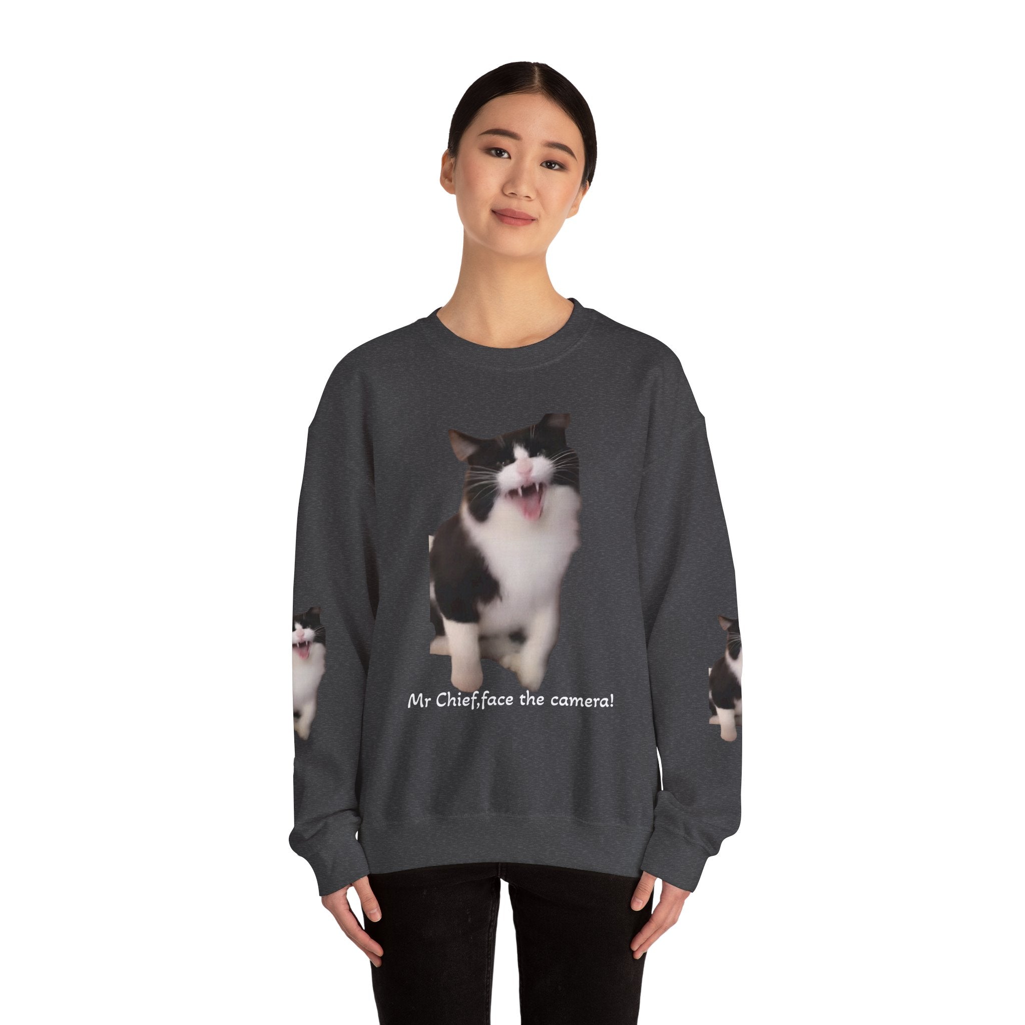 Copy of Crewneck Sweatshirt — 'Mr Chief, face the camera!' Funny Black & White Cat Photo Pullover