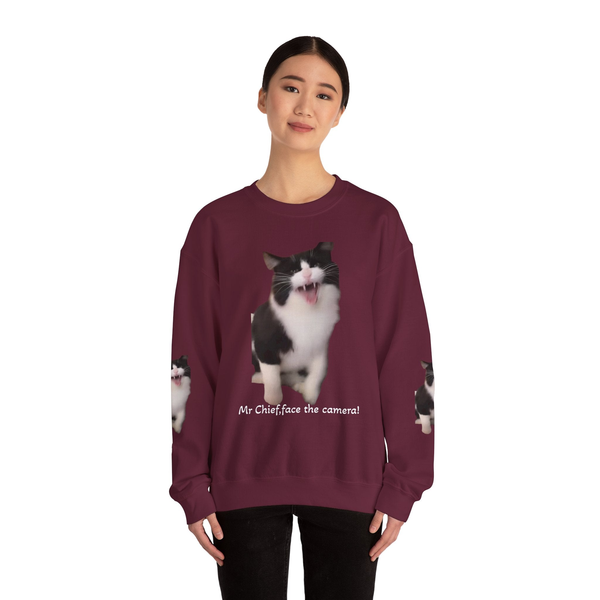 Copy of Crewneck Sweatshirt — 'Mr Chief, face the camera!' Funny Black & White Cat Photo Pullover