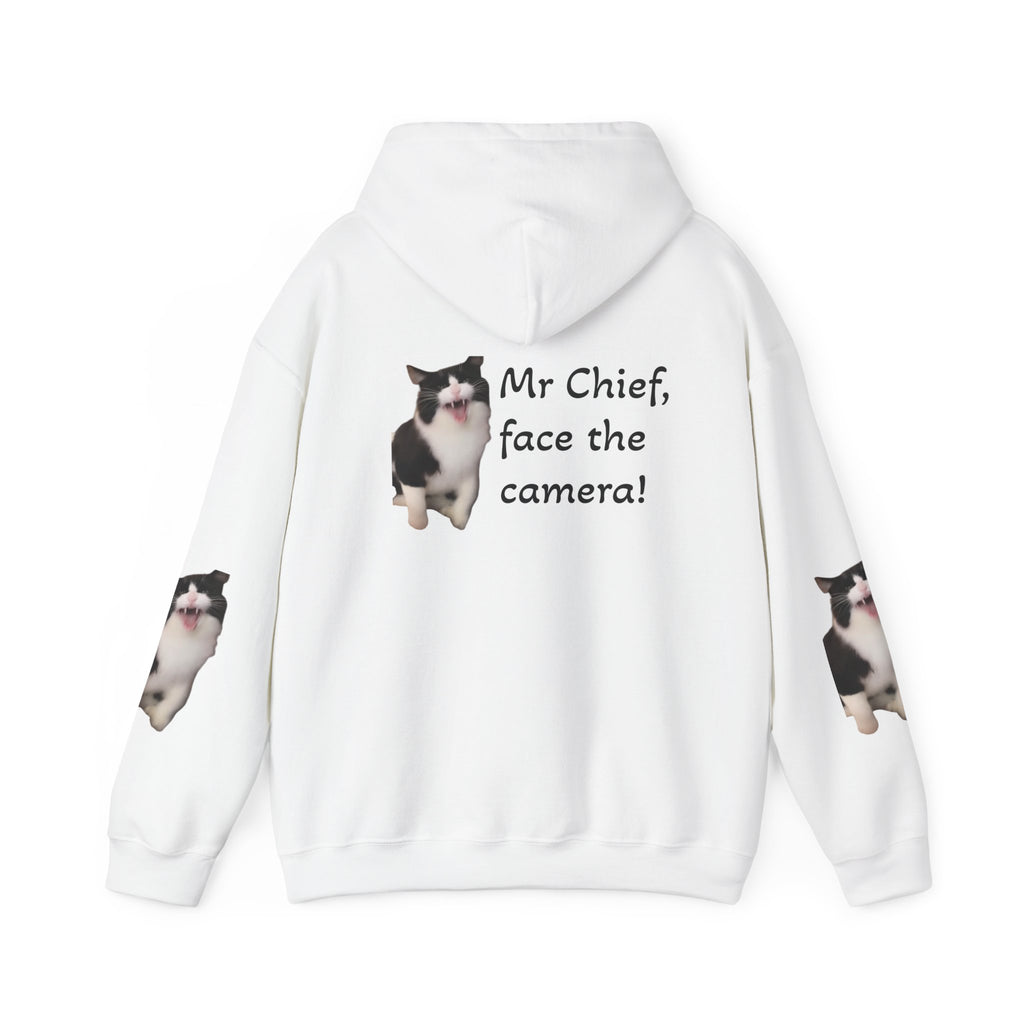 Cat Photo Hoodie — "Mr Chief, face the camera!" Cute Tuxedo Cat Portrait Sweatshirt