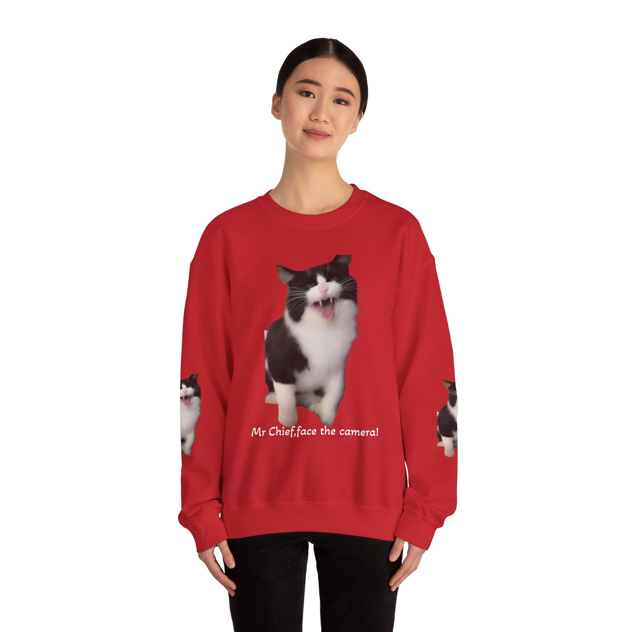 Copy of Crewneck Sweatshirt — 'Mr Chief, face the camera!' Funny Black & White Cat Photo Pullover
