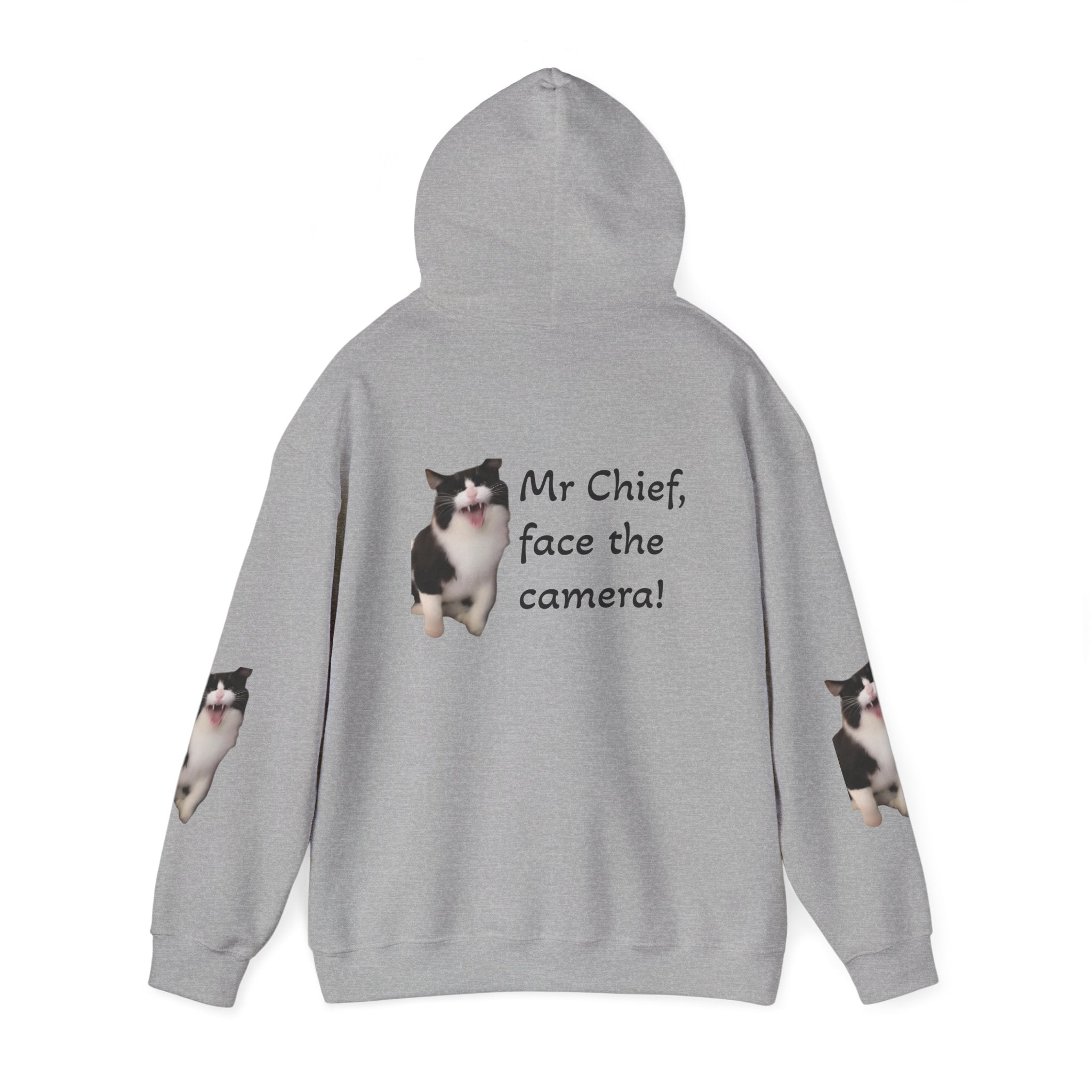 Cat Photo Hoodie — "Mr Chief, face the camera!" Cute Tuxedo Cat Portrait Sweatshirt