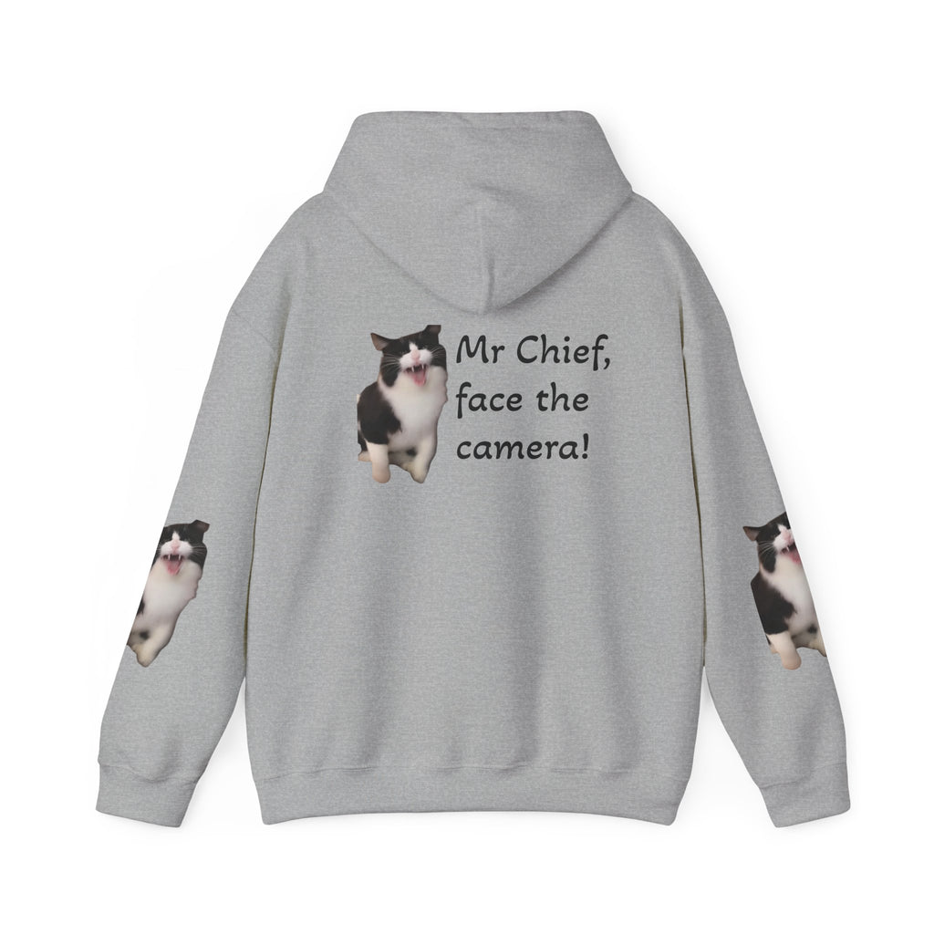 Cat Photo Hoodie — "Mr Chief, face the camera!" Cute Tuxedo Cat Portrait Sweatshirt