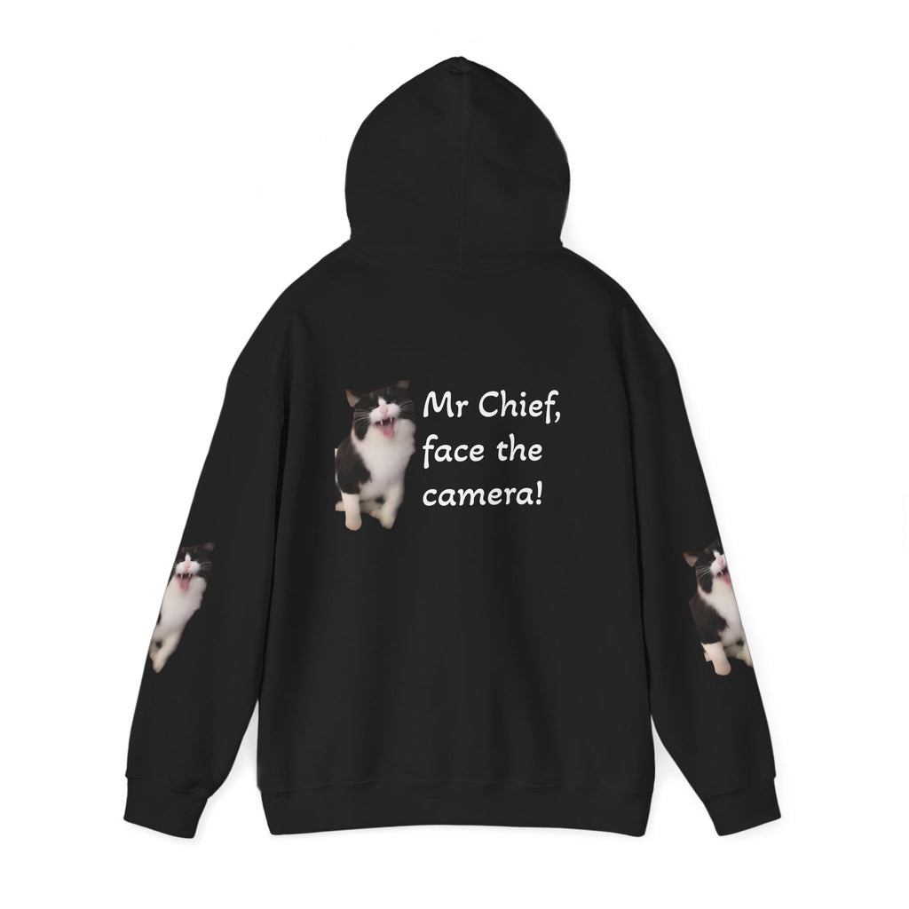 Cat Photo Hoodie — "Mr Chief, face the camera!" Novelty Cat Lover