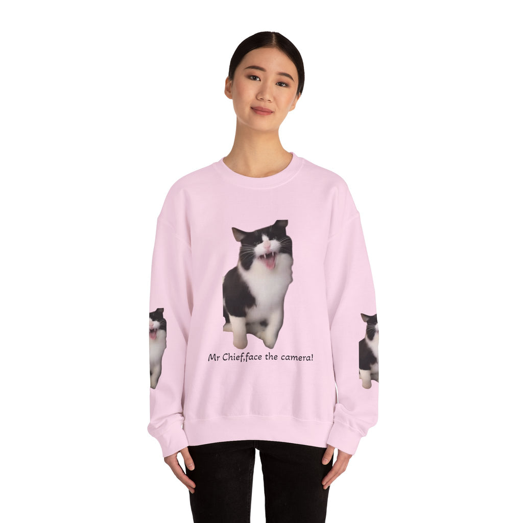 Crewneck Sweatshirt — 'Mr Chief, face the camera!' Funny Black & White Cat Photo Pullover