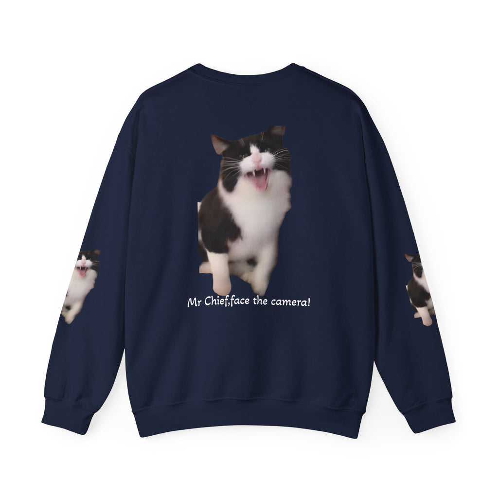 Copy of Crewneck Sweatshirt — 'Mr Chief, face the camera!' Funny Black & White Cat Photo Pullover