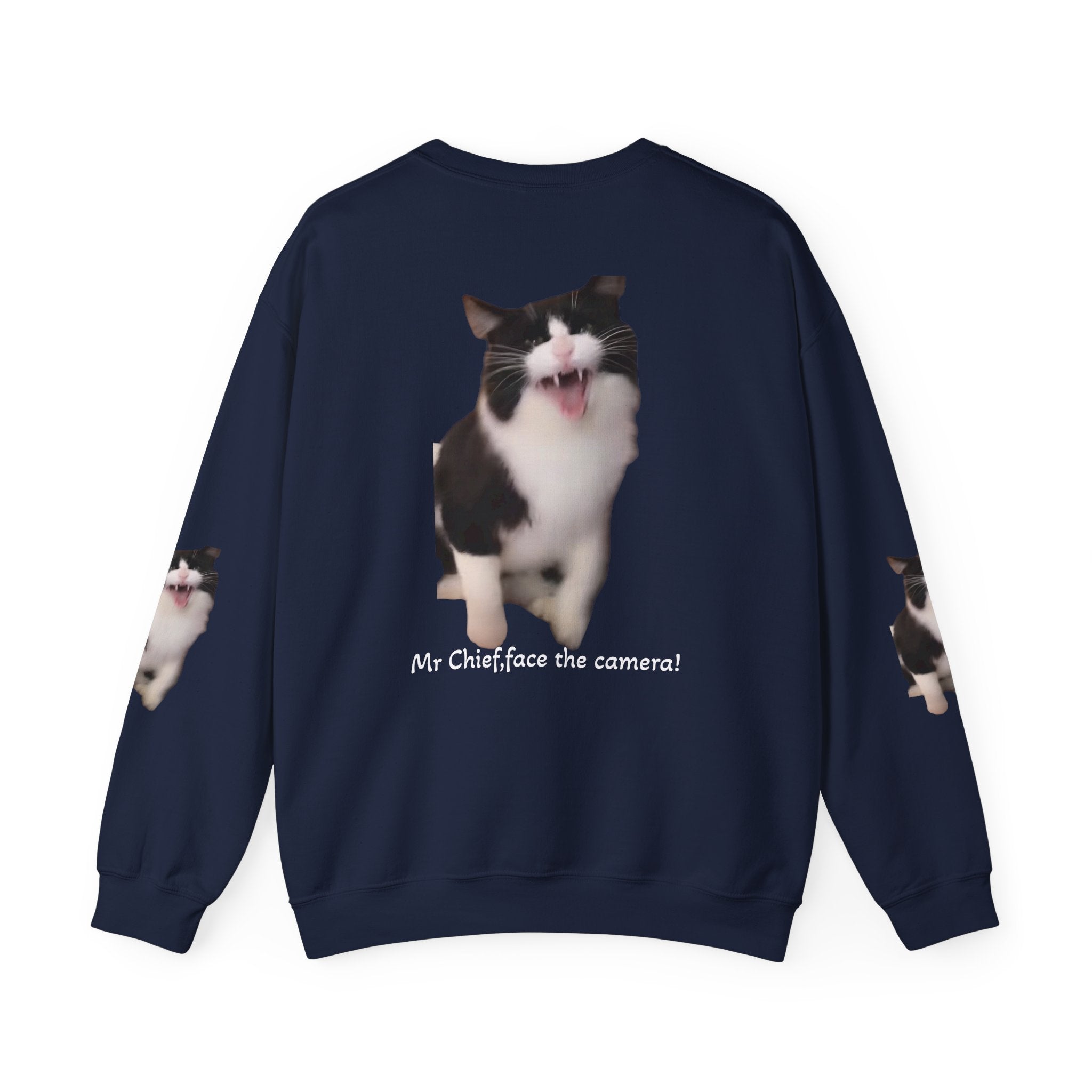 Copy of Crewneck Sweatshirt — 'Mr Chief, face the camera!' Funny Black & White Cat Photo Pullover