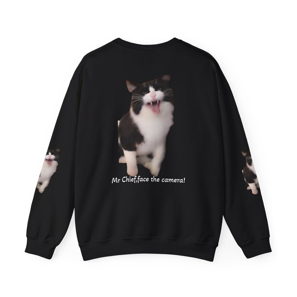 Copy of Crewneck Sweatshirt — 'Mr Chief, face the camera!' Funny Black & White Cat Photo Pullover