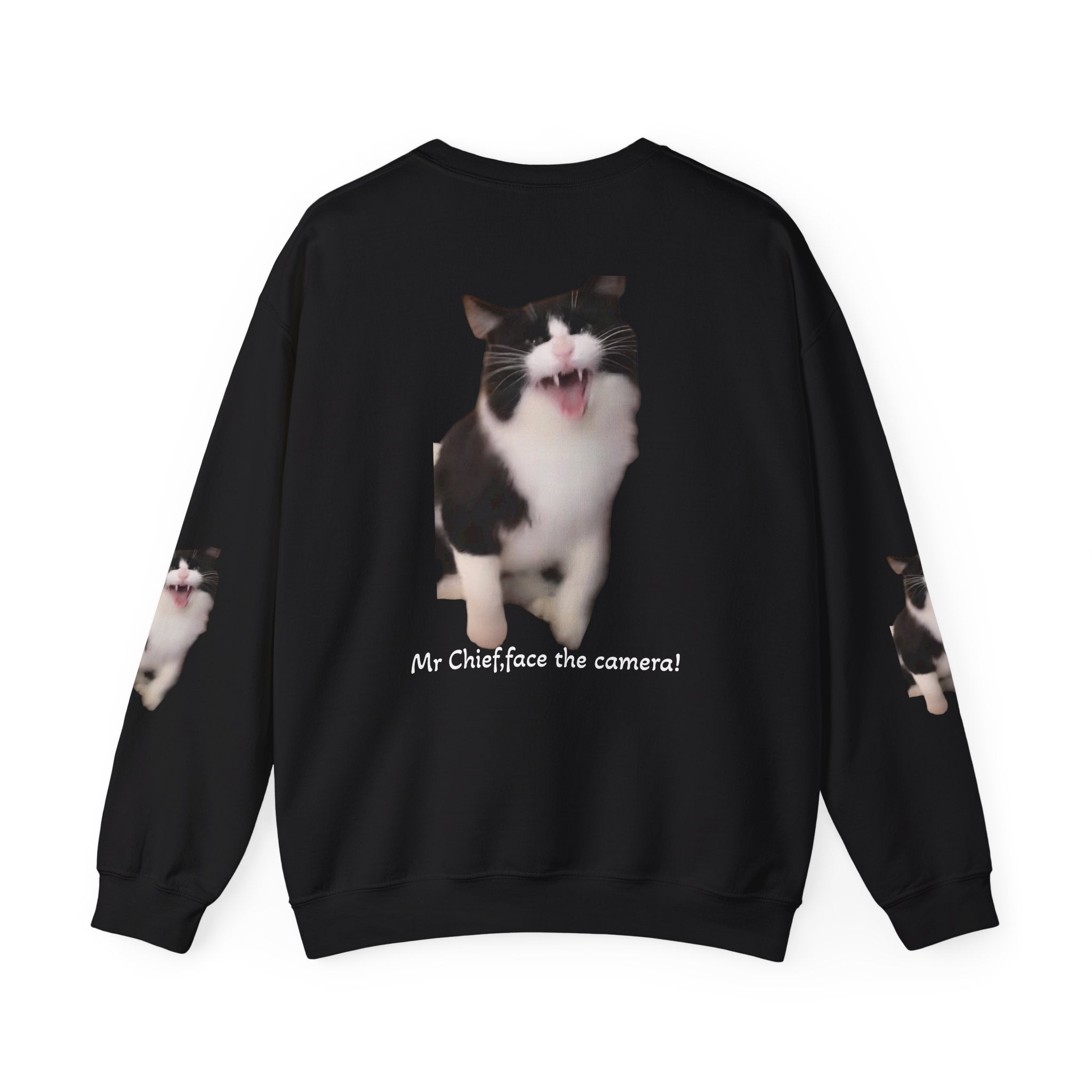 Copy of Crewneck Sweatshirt — 'Mr Chief, face the camera!' Funny Black & White Cat Photo Pullover