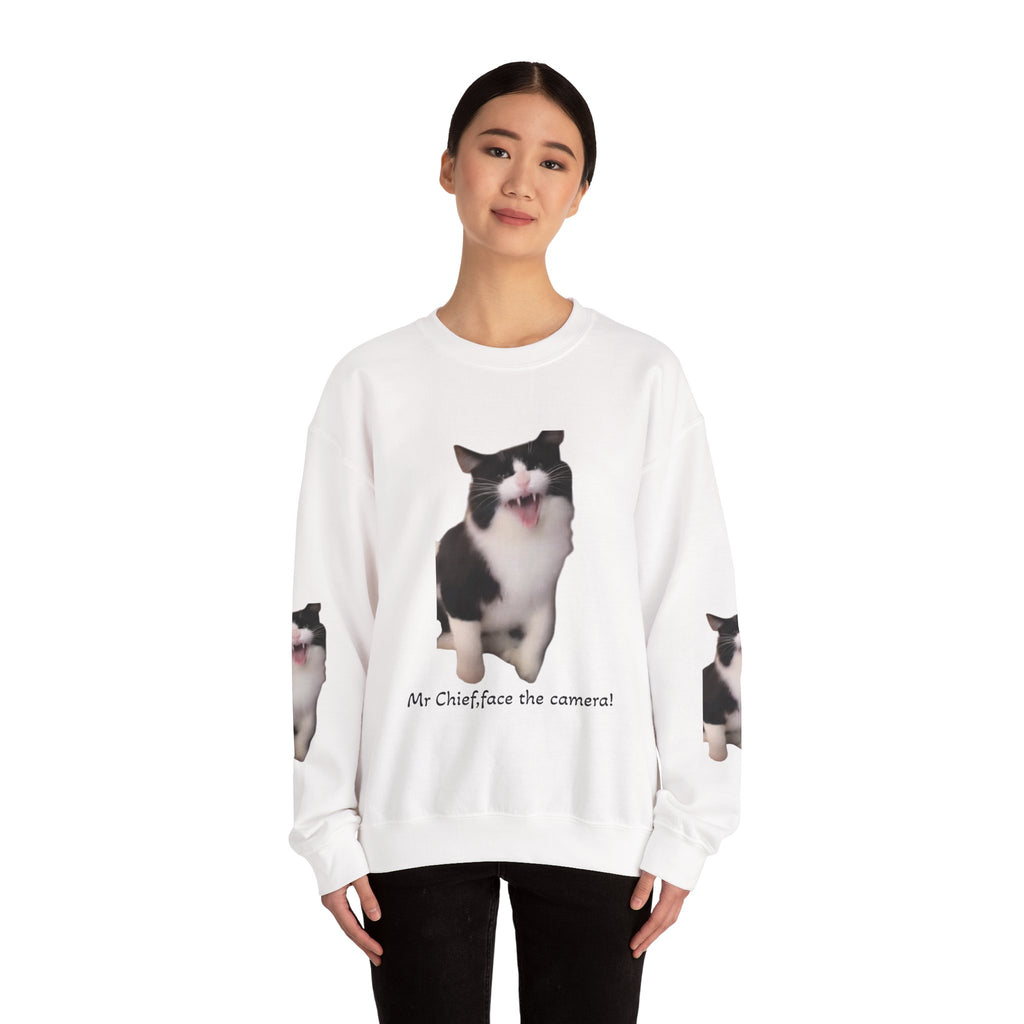Crewneck Sweatshirt — 'Mr Chief, face the camera!' Funny Black & White Cat Photo Pullover