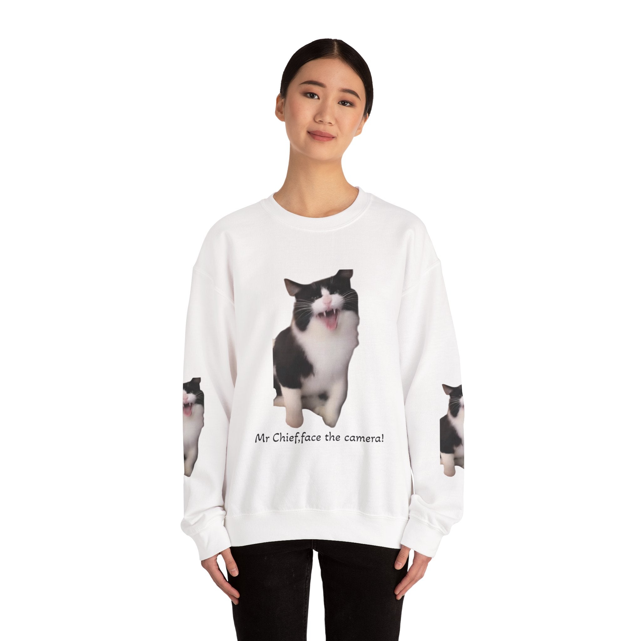 Crewneck Sweatshirt — 'Mr Chief, face the camera!' Funny Black & White Cat Photo Pullover