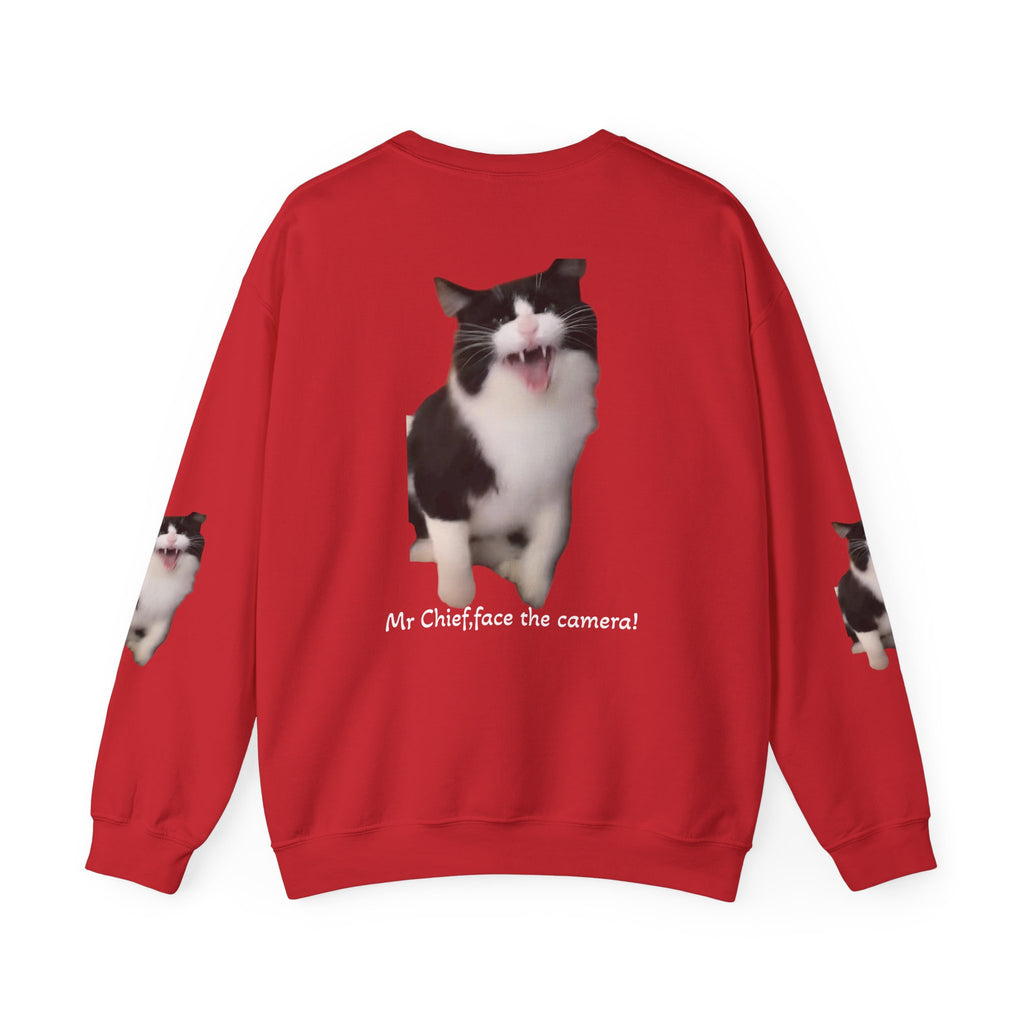 Copy of Crewneck Sweatshirt — 'Mr Chief, face the camera!' Funny Black & White Cat Photo Pullover