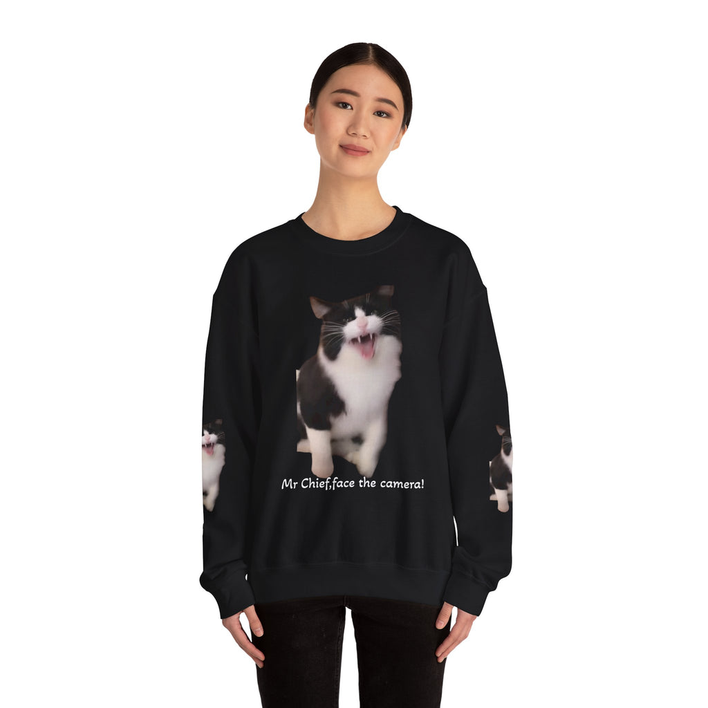 Copy of Crewneck Sweatshirt — 'Mr Chief, face the camera!' Funny Black & White Cat Photo Pullover