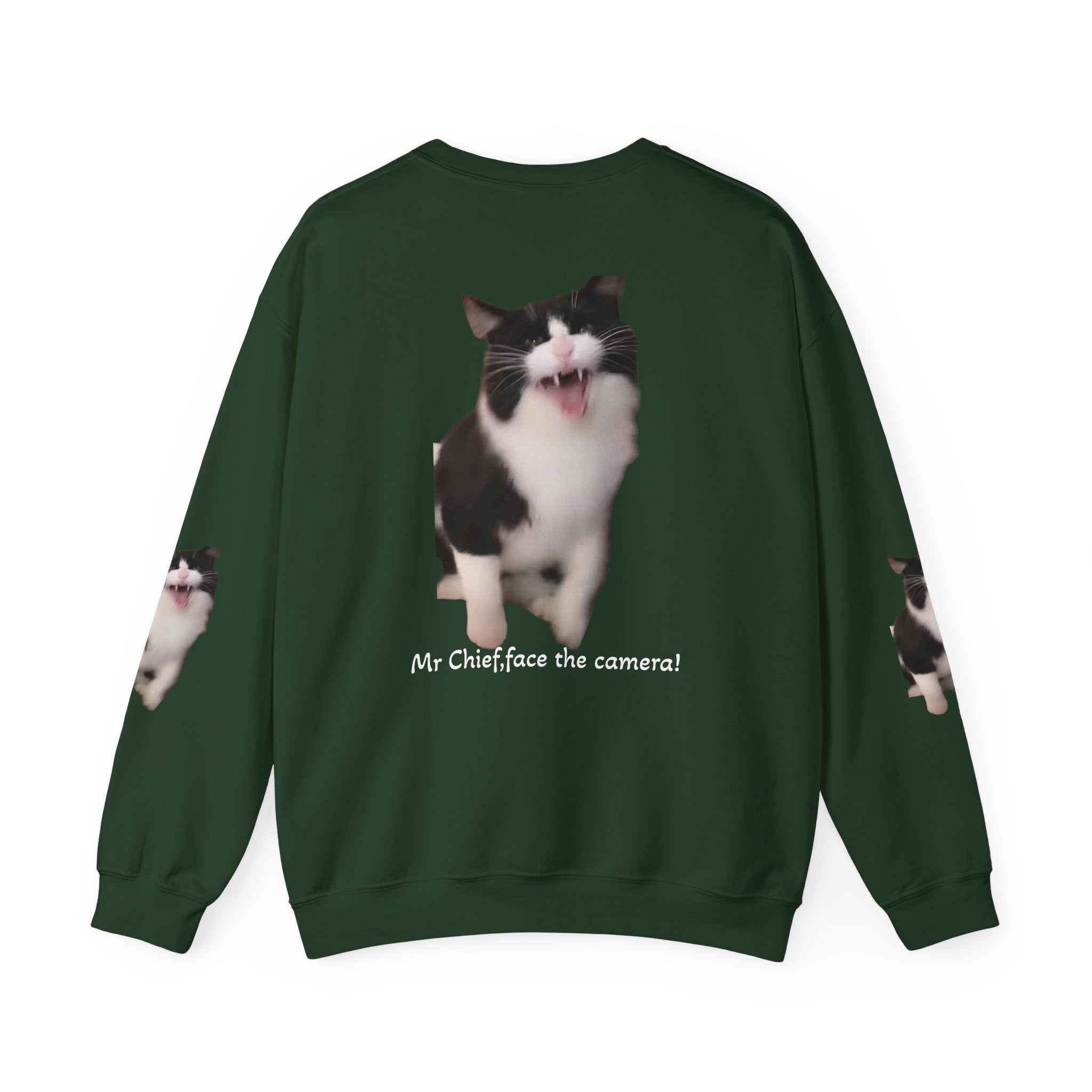 Copy of Crewneck Sweatshirt — 'Mr Chief, face the camera!' Funny Black & White Cat Photo Pullover