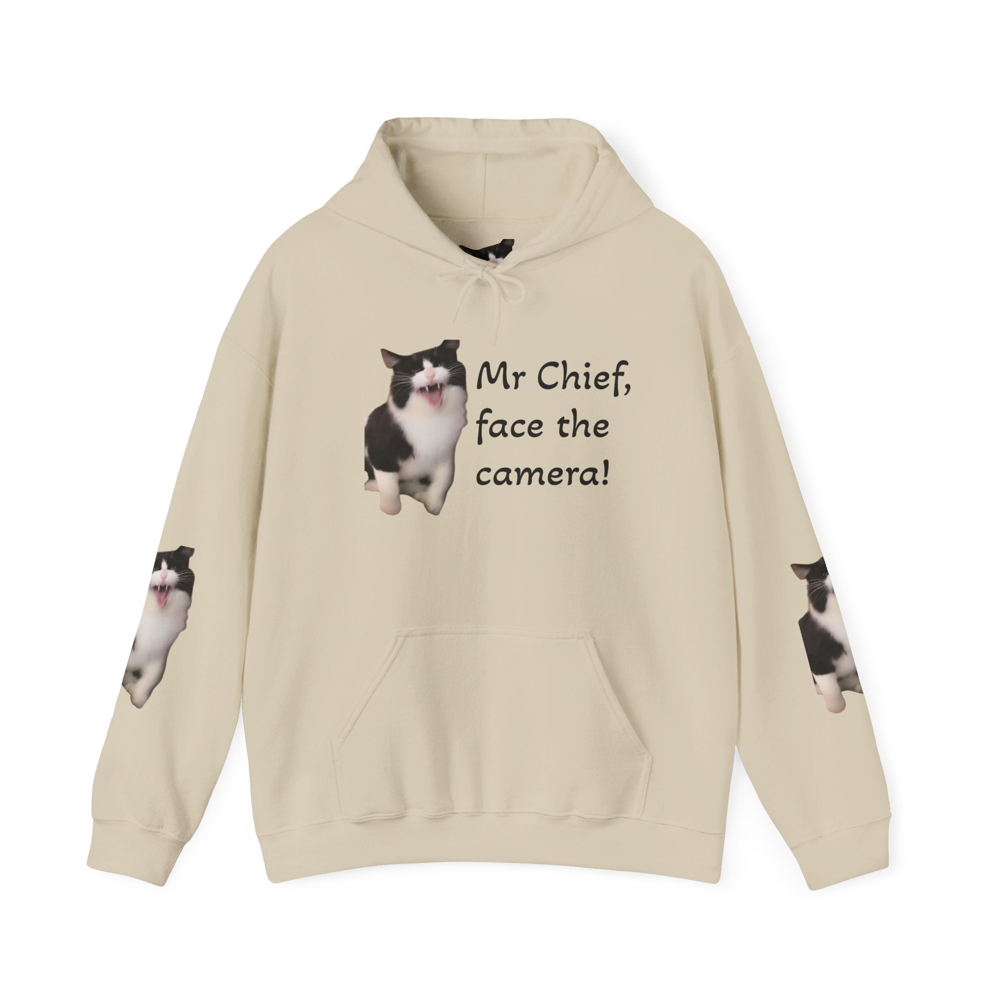 Cat Photo Hoodie — "Mr Chief, face the camera!" Cute Tuxedo Cat Portrait Sweatshirt