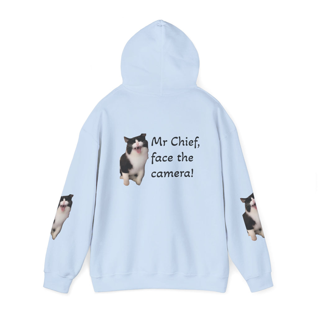 Cat Photo Hoodie — "Mr Chief, face the camera!" Cute Tuxedo Cat Portrait Sweatshirt