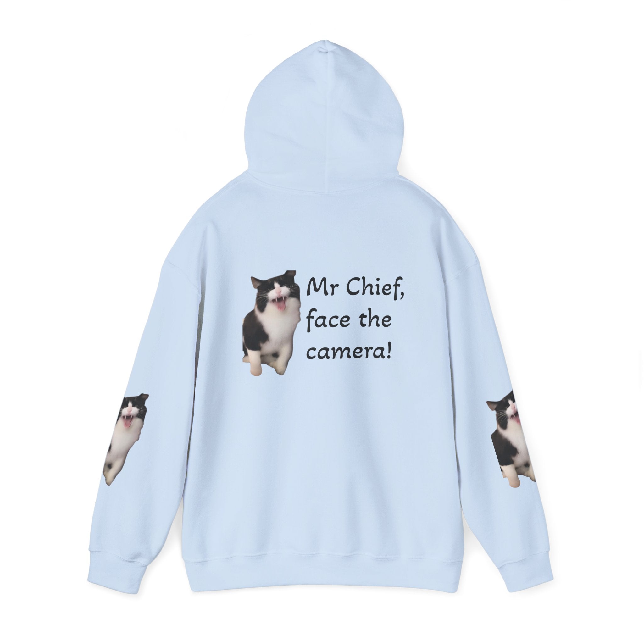 Cat Photo Hoodie — "Mr Chief, face the camera!" Cute Tuxedo Cat Portrait Sweatshirt