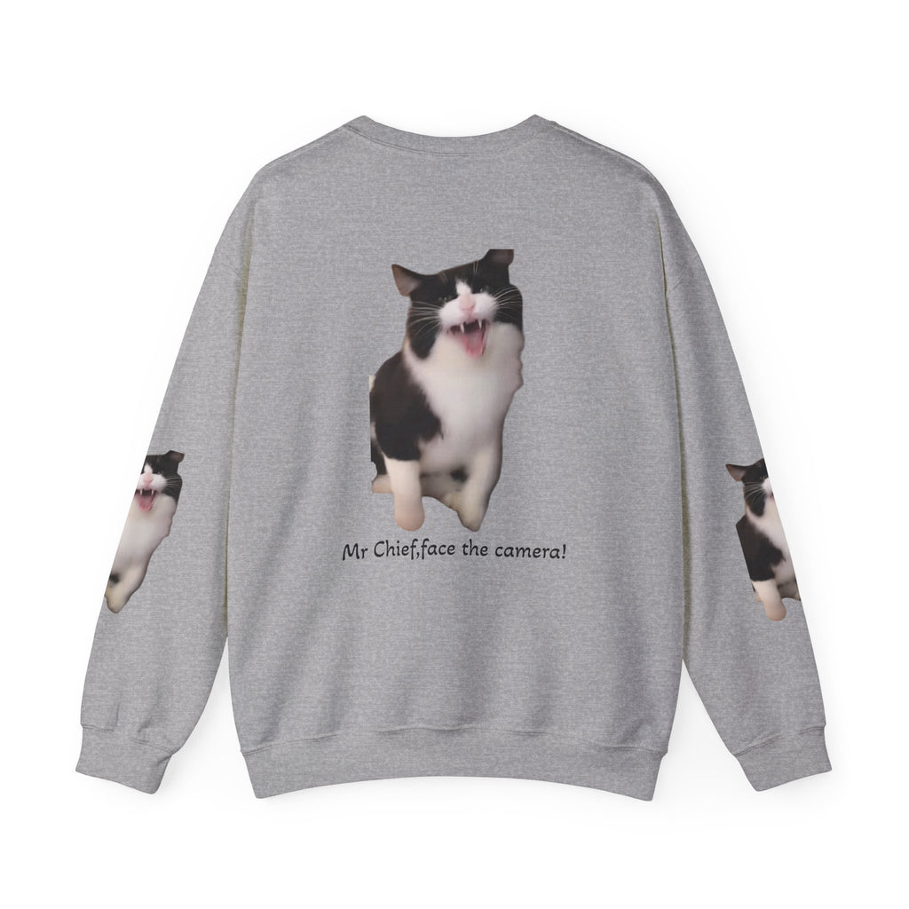 Crewneck Sweatshirt — 'Mr Chief, face the camera!' Funny Black & White Cat Photo Pullover