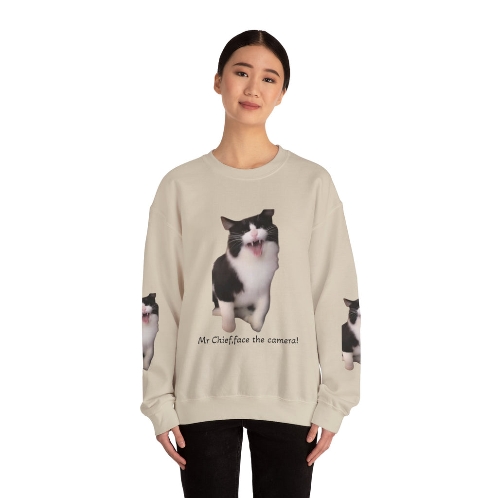 Crewneck Sweatshirt — 'Mr Chief, face the camera!' Funny Black & White Cat Photo Pullover