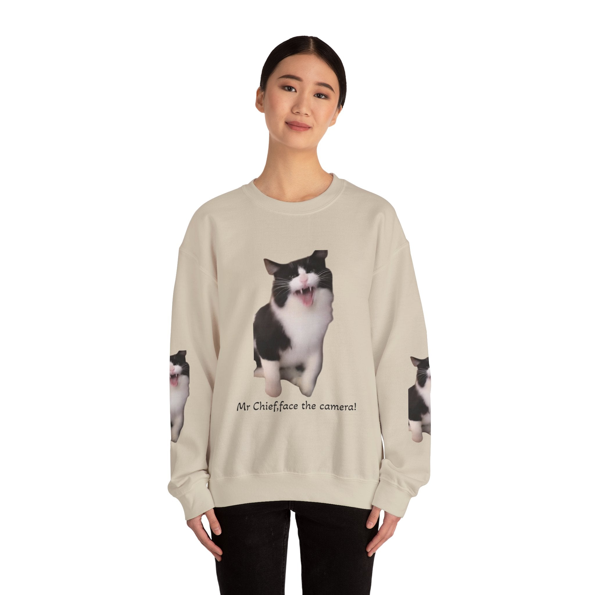 Crewneck Sweatshirt — 'Mr Chief, face the camera!' Funny Black & White Cat Photo Pullover