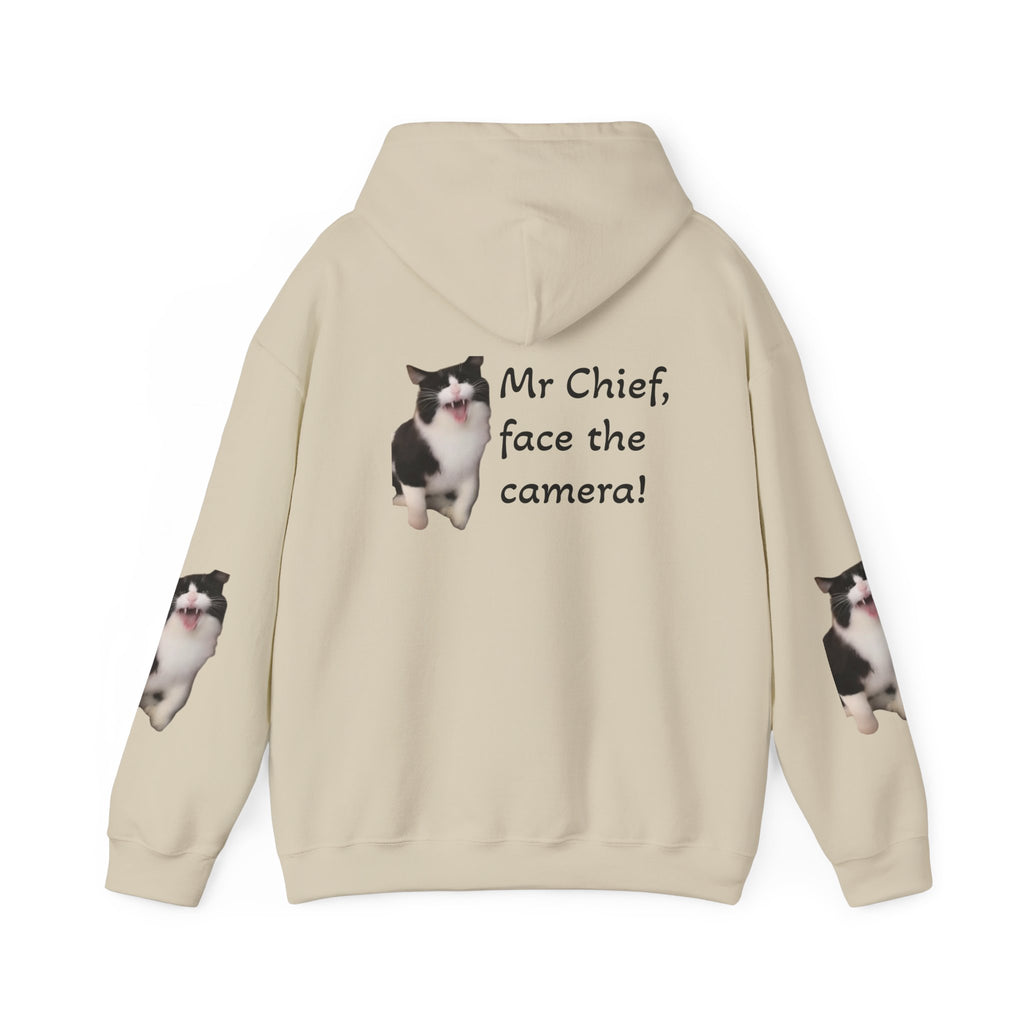Cat Photo Hoodie — "Mr Chief, face the camera!" Cute Tuxedo Cat Portrait Sweatshirt