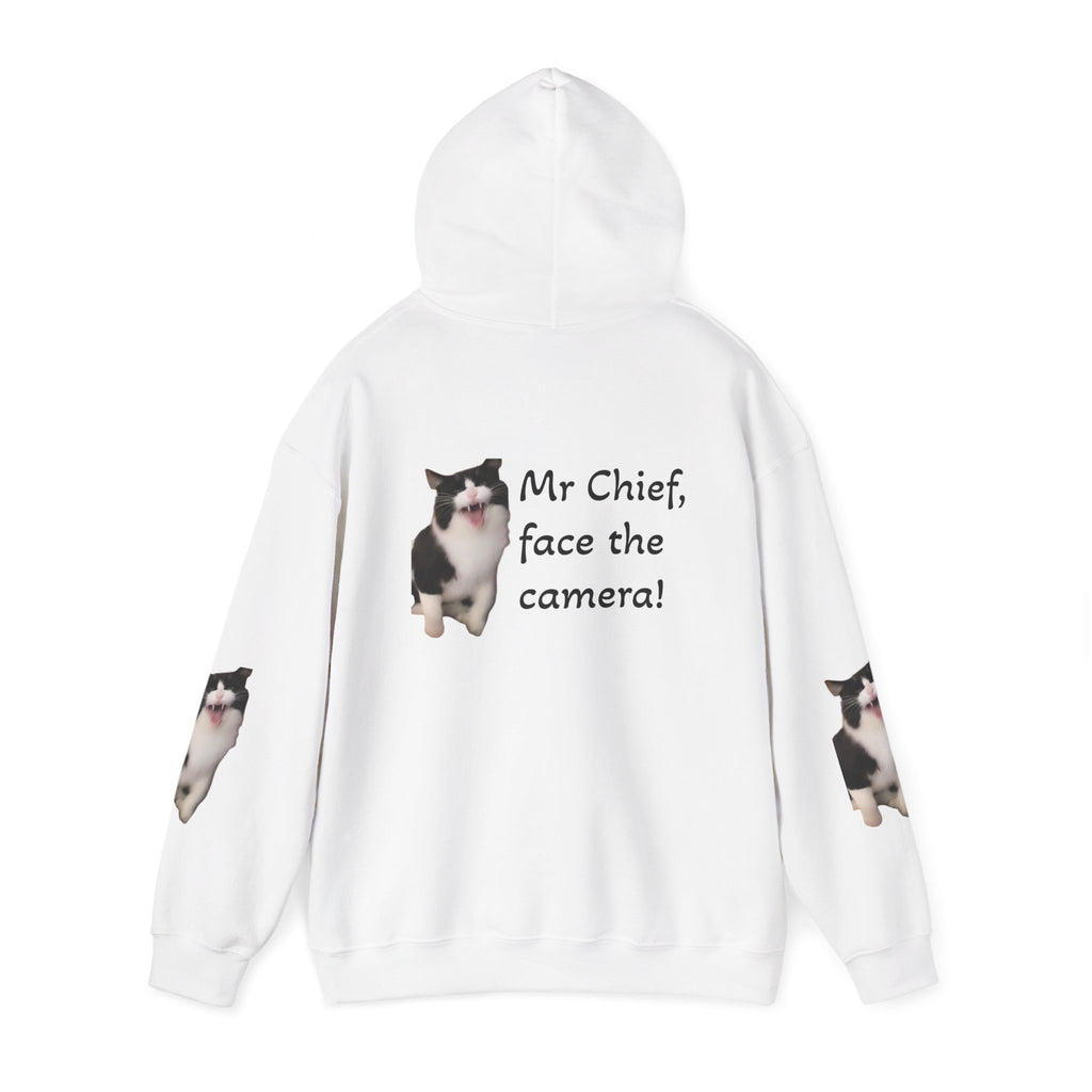 Cat Photo Hoodie — "Mr Chief, face the camera!" Cute Tuxedo Cat Portrait Sweatshirt