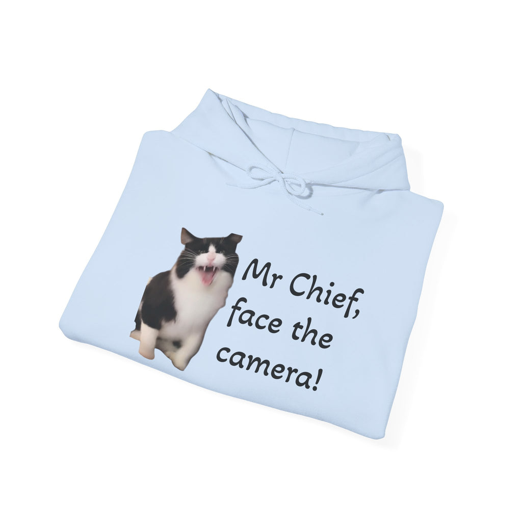 Cat Photo Hoodie — "Mr Chief, face the camera!" Cute Tuxedo Cat Portrait Sweatshirt