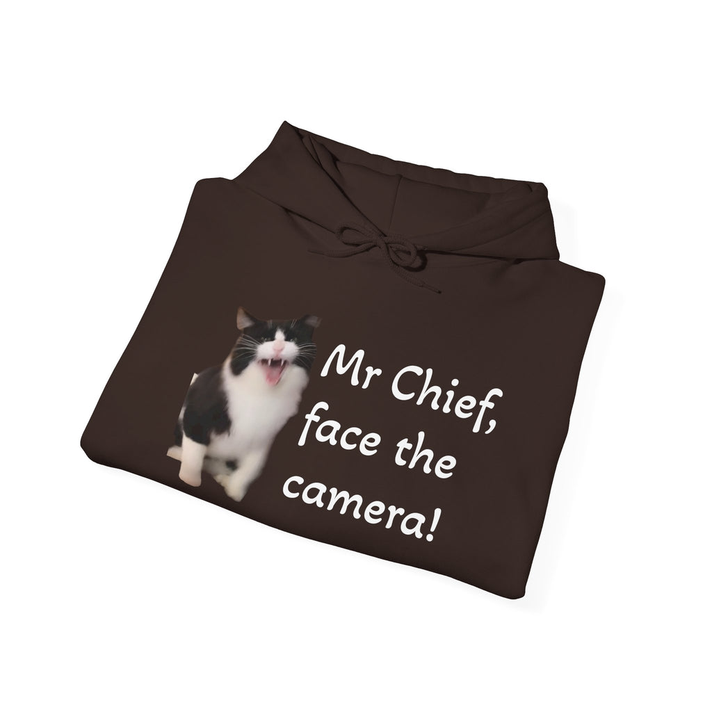 Cat Photo Hoodie — "Mr Chief, face the camera!" Novelty Cat Lover