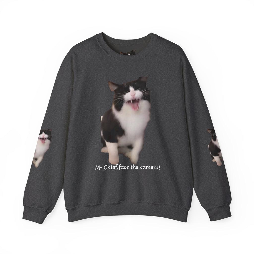 Copy of Crewneck Sweatshirt — 'Mr Chief, face the camera!' Funny Black & White Cat Photo Pullover