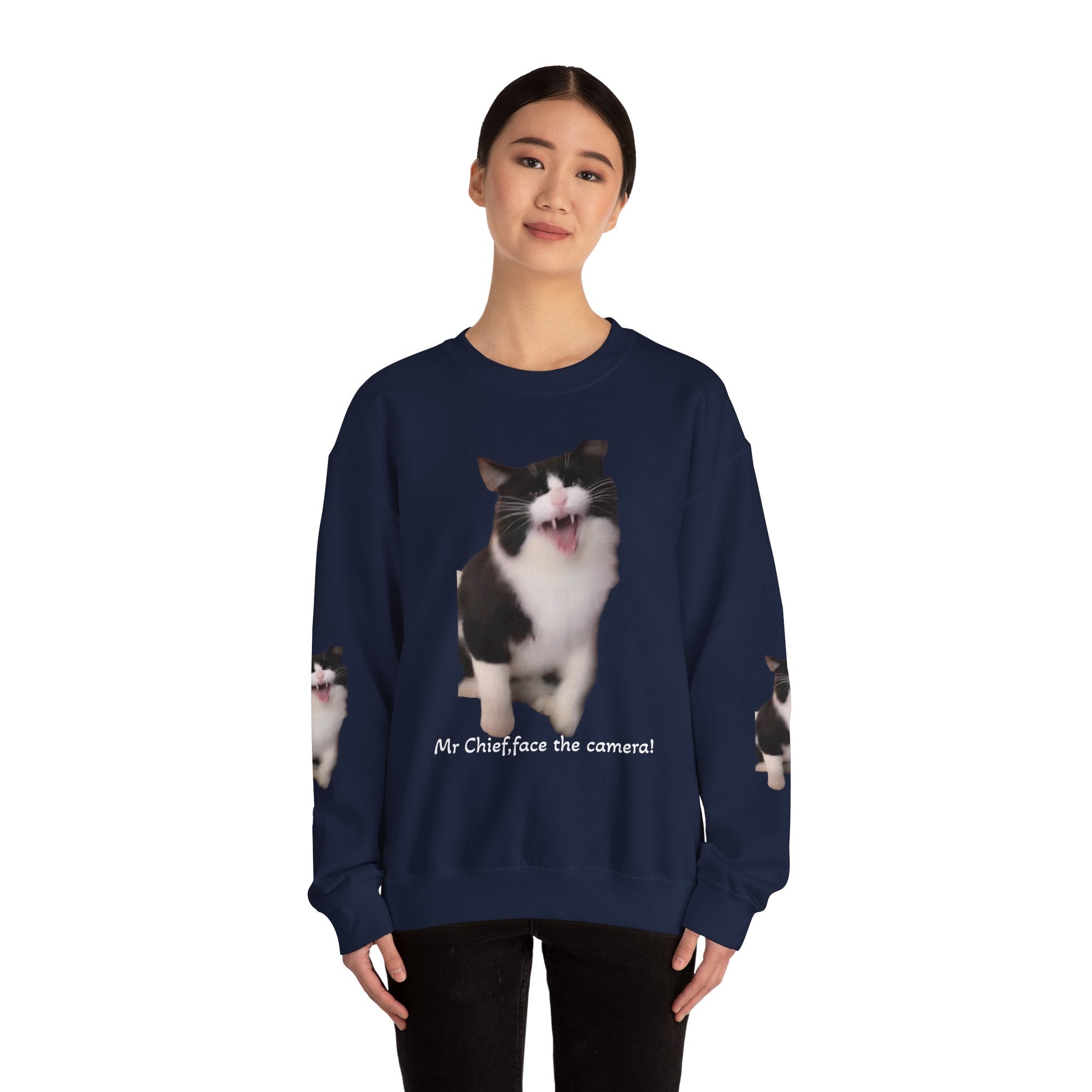 Copy of Crewneck Sweatshirt — 'Mr Chief, face the camera!' Funny Black & White Cat Photo Pullover