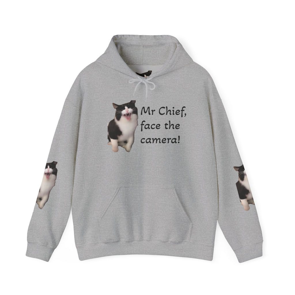 Cat Photo Hoodie — "Mr Chief, face the camera!" Cute Tuxedo Cat Portrait Sweatshirt