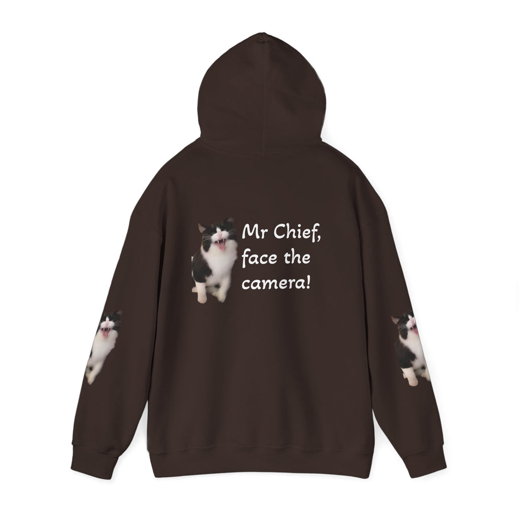 Cat Photo Hoodie — "Mr Chief, face the camera!" Novelty Cat Lover