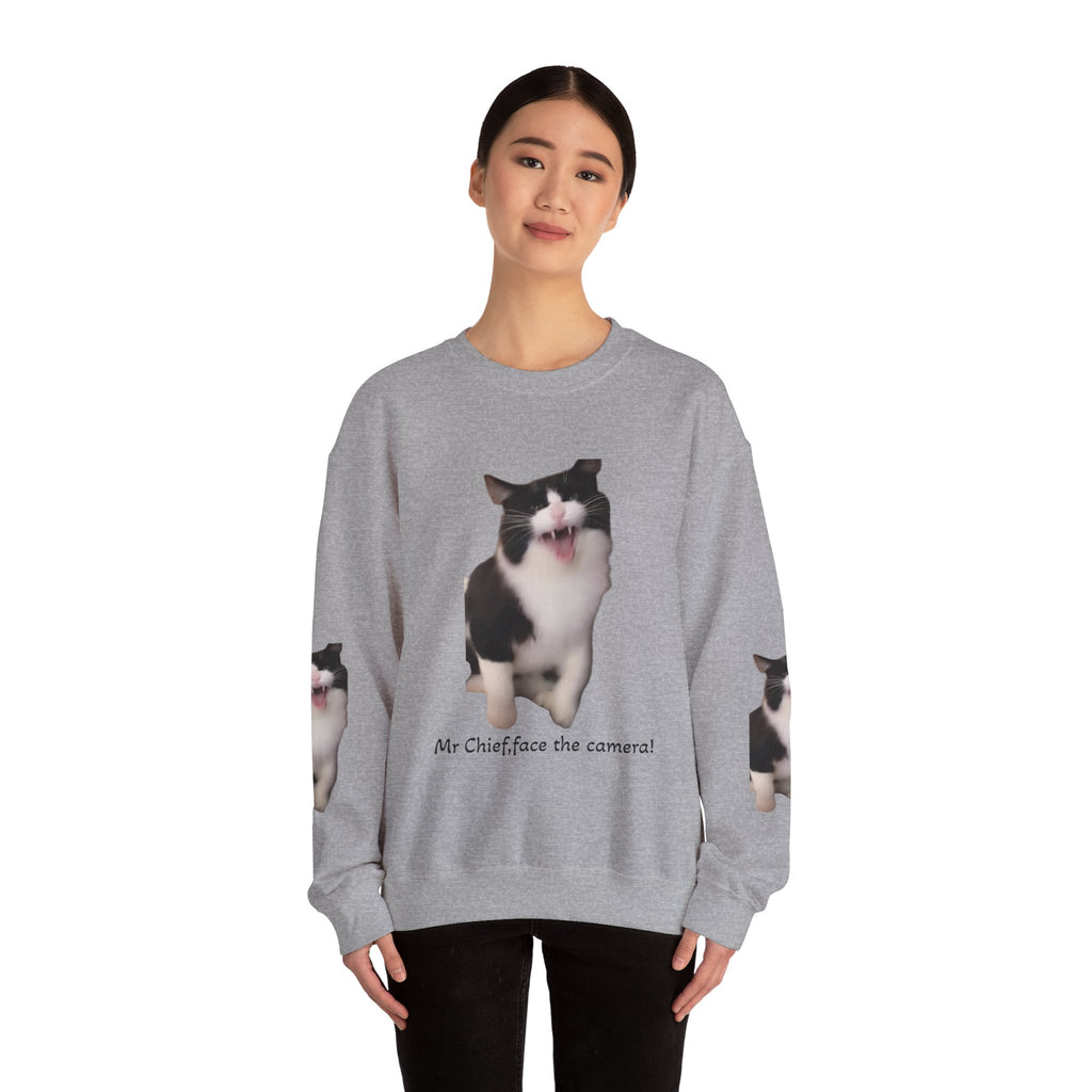 Crewneck Sweatshirt — 'Mr Chief, face the camera!' Funny Black & White Cat Photo Pullover