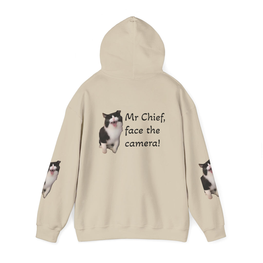 Cat Photo Hoodie — "Mr Chief, face the camera!" Cute Tuxedo Cat Portrait Sweatshirt