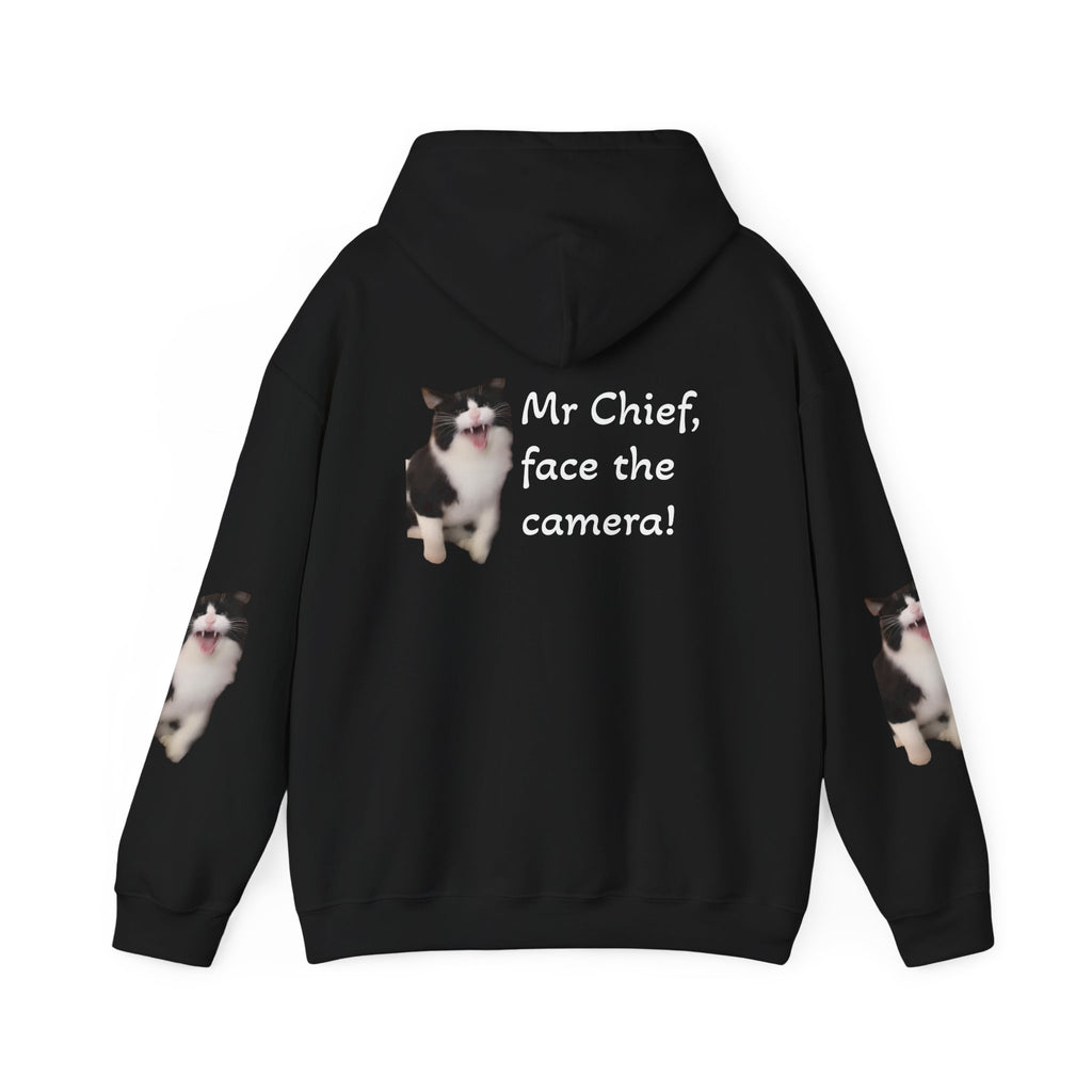 Cat Photo Hoodie — "Mr Chief, face the camera!" Novelty Cat Lover