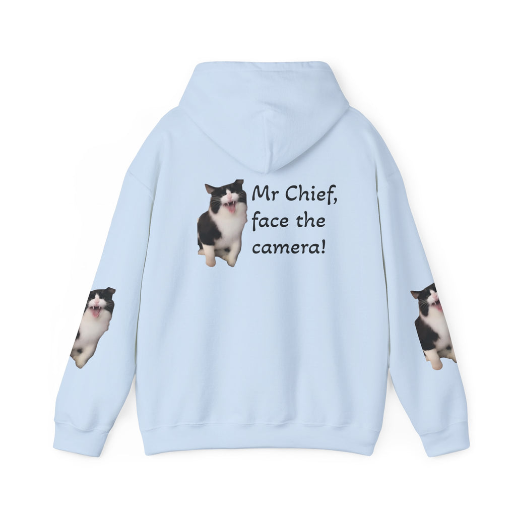 Cat Photo Hoodie — "Mr Chief, face the camera!" Cute Tuxedo Cat Portrait Sweatshirt
