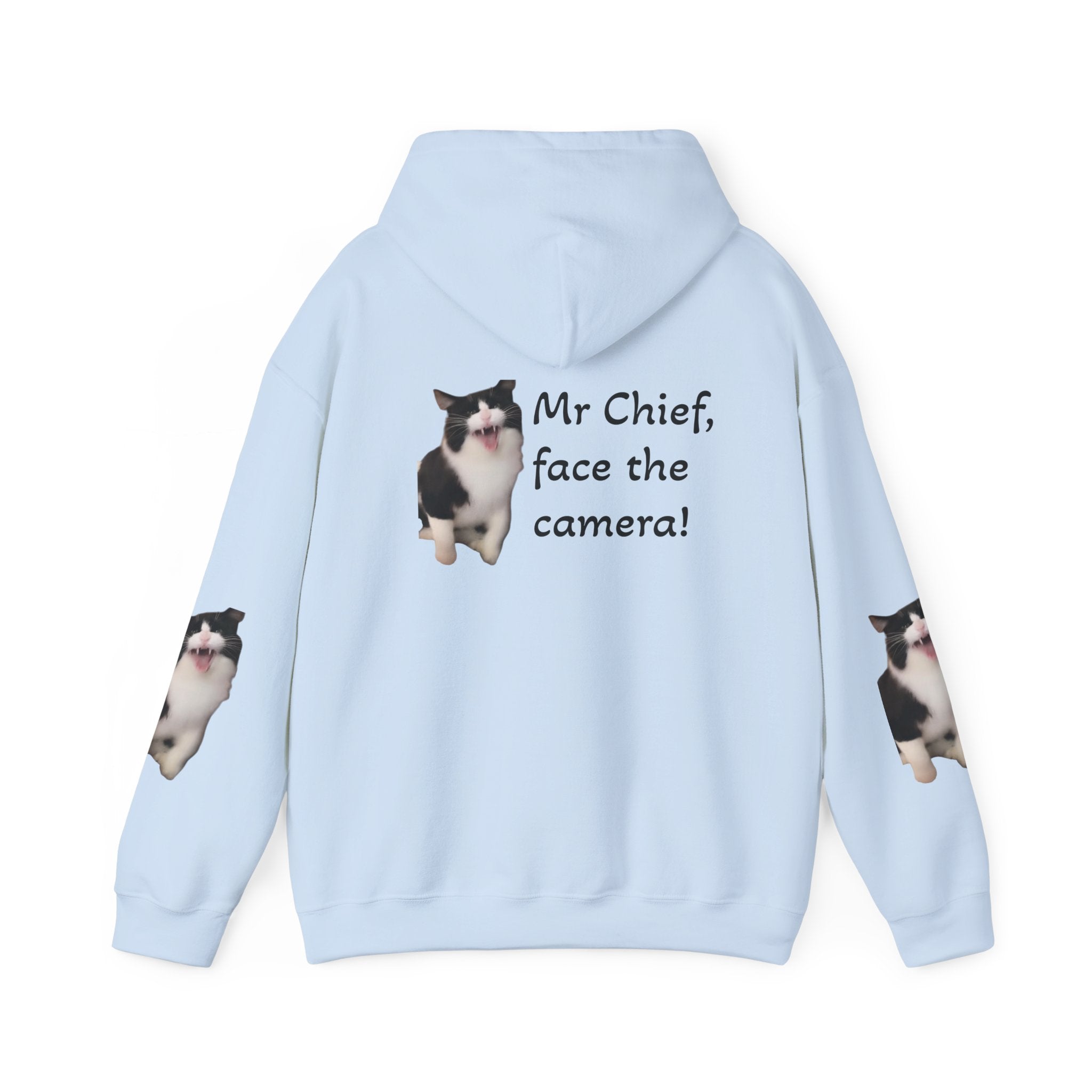 Cat Photo Hoodie — "Mr Chief, face the camera!" Cute Tuxedo Cat Portrait Sweatshirt