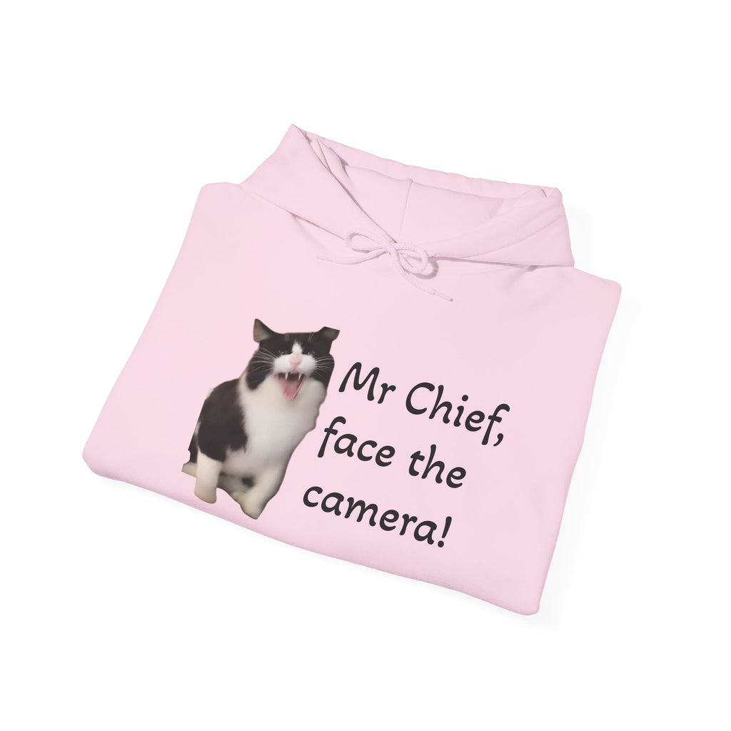 Cat Photo Hoodie — "Mr Chief, face the camera!" Cute Tuxedo Cat Portrait Sweatshirt