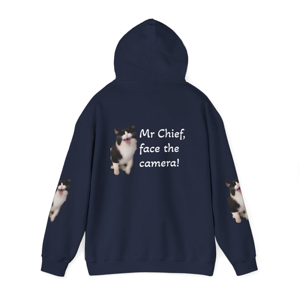 Cat Photo Hoodie — "Mr Chief, face the camera!" Novelty Cat Lover